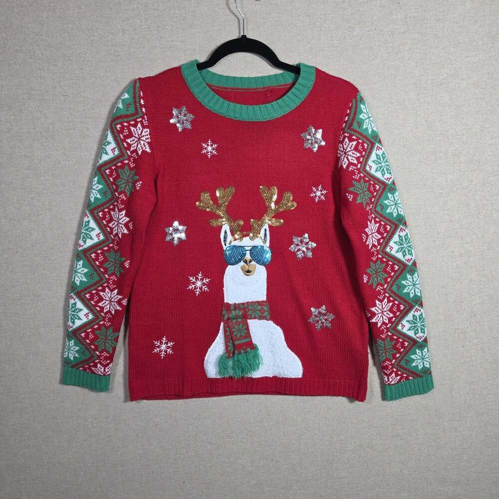33 Degrees Womens 3D Fuzzy Llama Ugly Christmas Sweater Size Medium SEQUIN